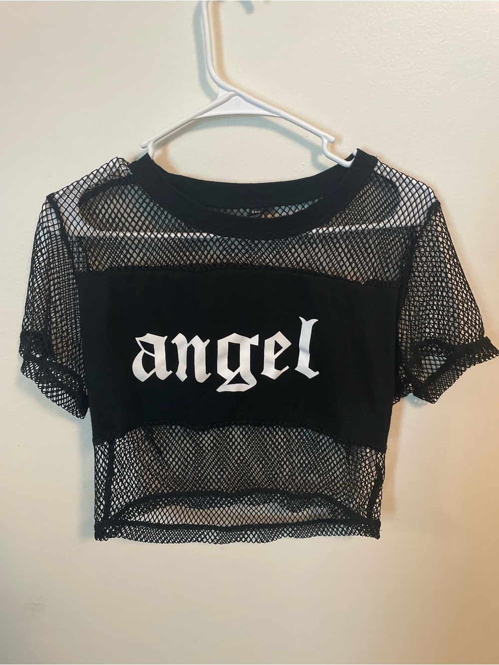 SHEIN Black Mesh 'Angel' Cropped Tee